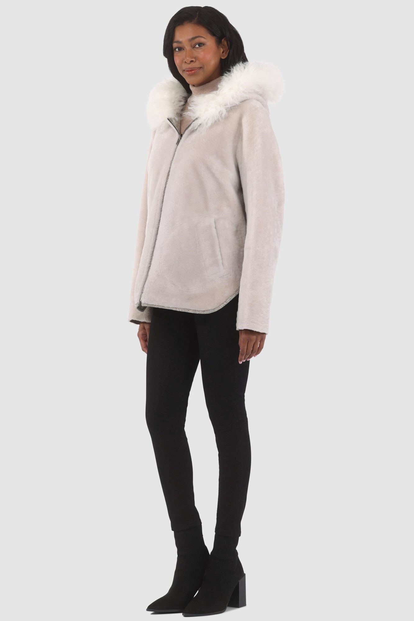 Reversible Shearling Lamb Zip Parka | Women | Beige x White