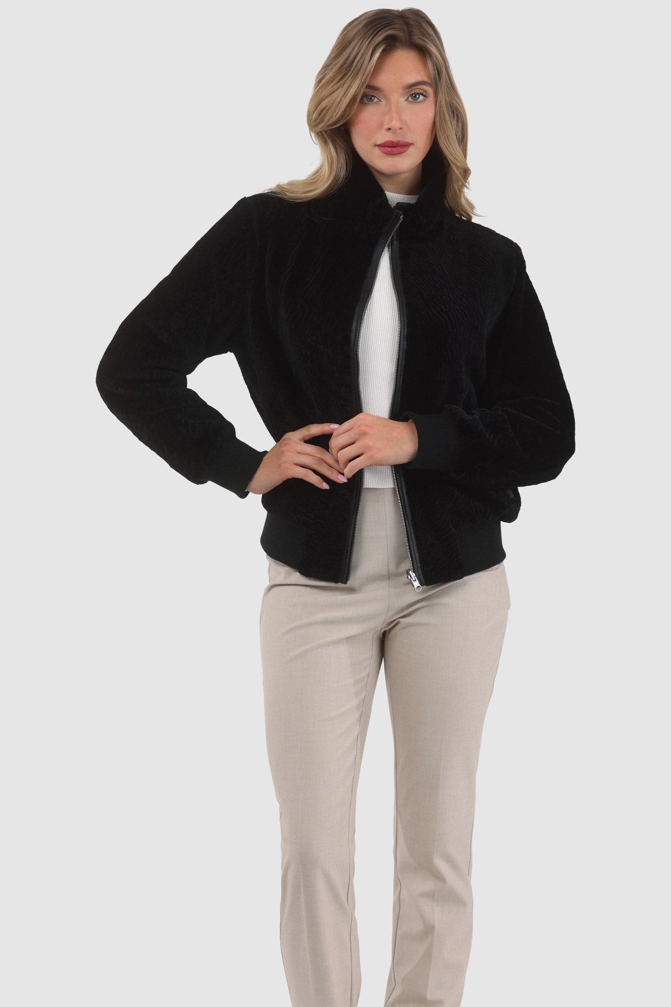 Reversible Tetured Shearling Lamb Bomber Jacket | Women | Black x Black