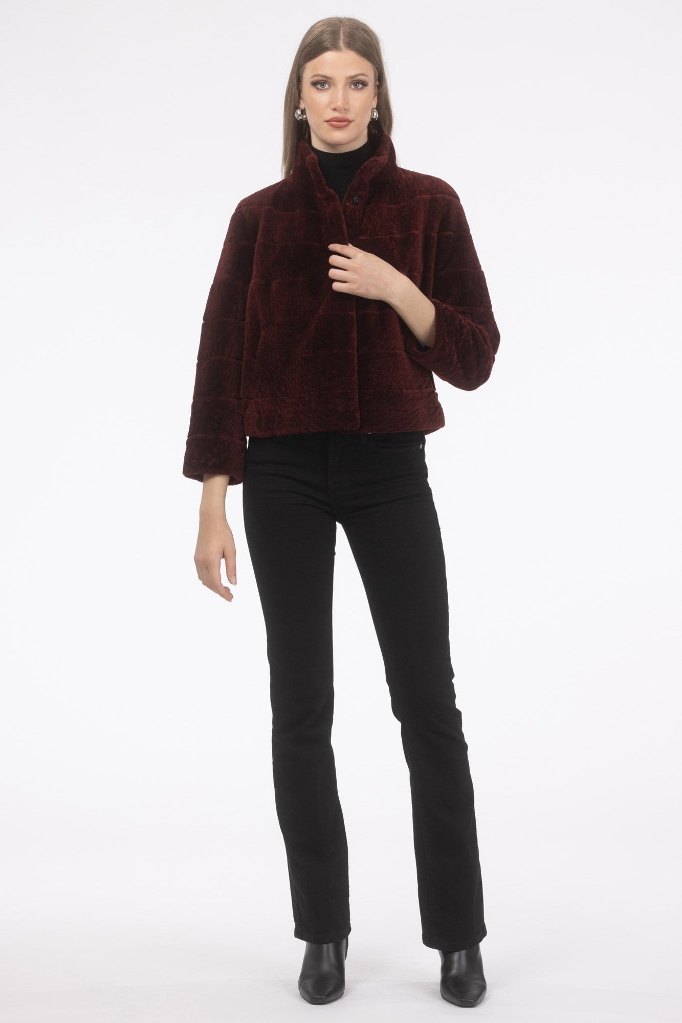 Reversible Tetured Shearling Lamb Jacket With Cropped Sleeves | Women | Wine x Wine