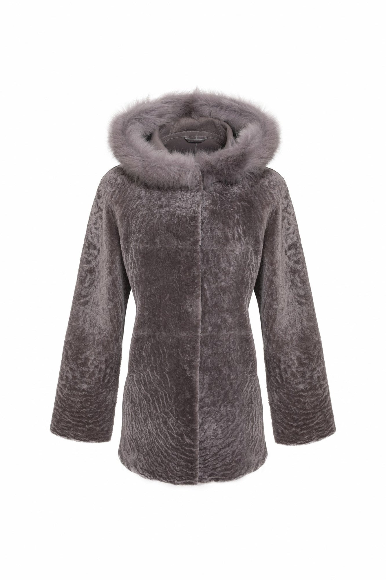 Reversible Tetured Shearling Lamb Parka With Merinillo Shearling Lamb Hood Trim | Women | Gray x Gray