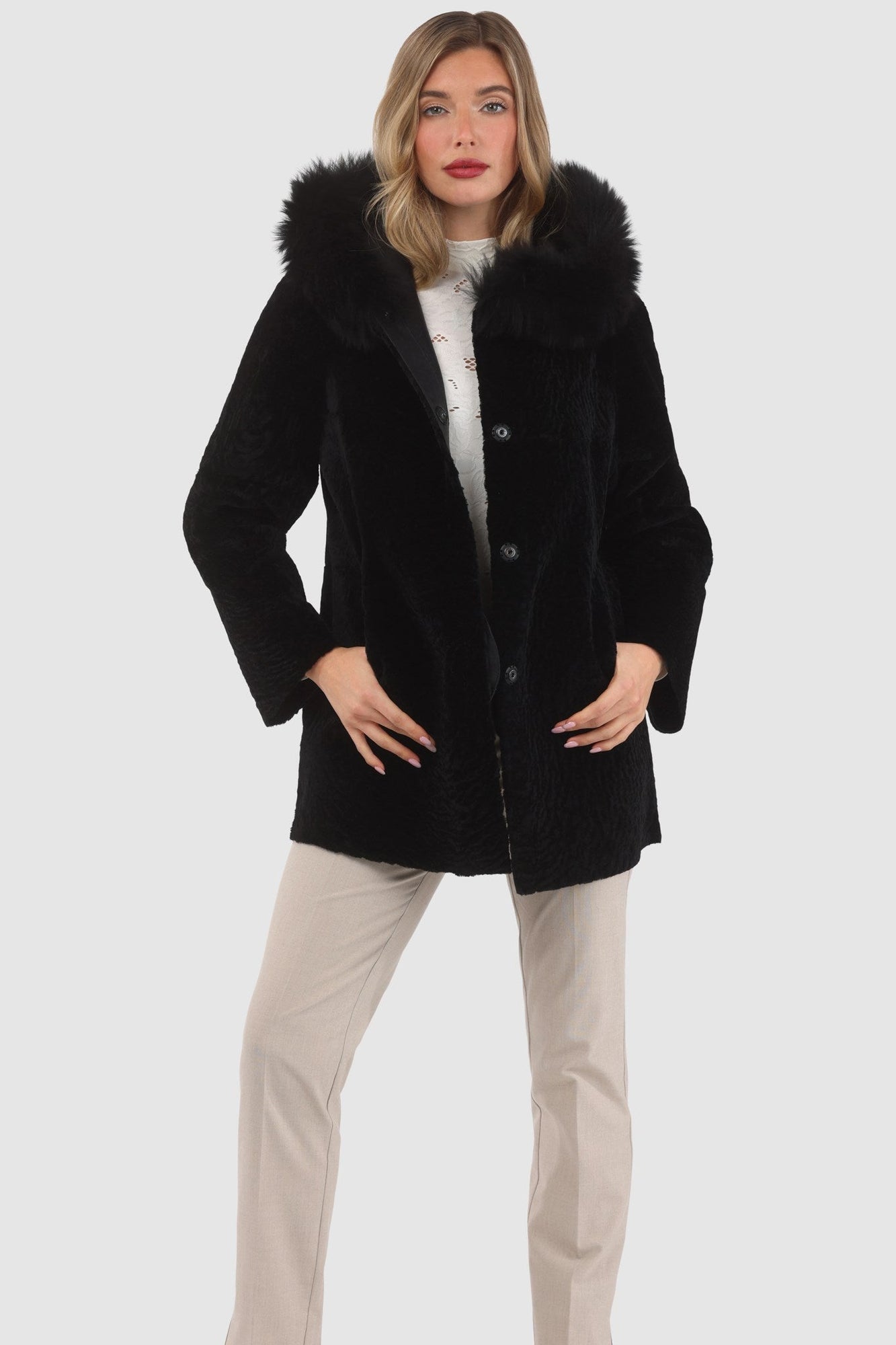 Reversible Tetured Shearling Lamb Parka With Merinillo Shearling Lamb Hood Trim | Women | Black x Black