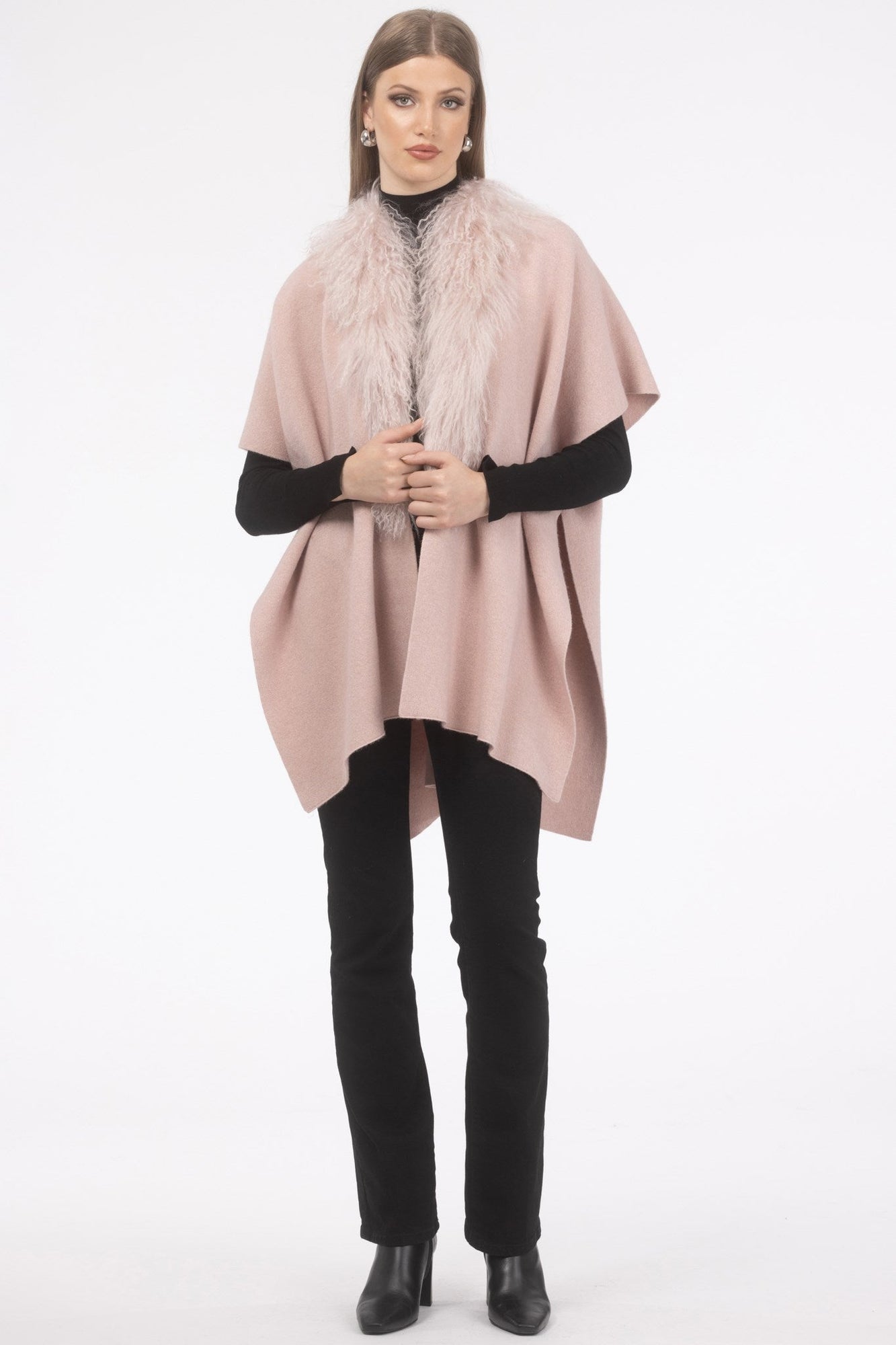 Select Cashmere And Merino Wool Blend Cape With Select Mongolian Lamb Trim | Women | Pink