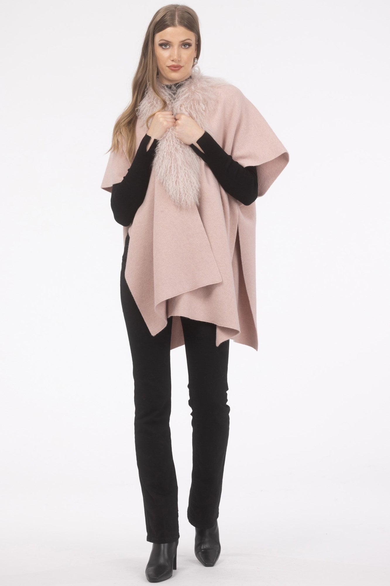 Select Cashmere And Merino Wool Blend Cape With Select Mongolian Lamb Trim | Women | Pink