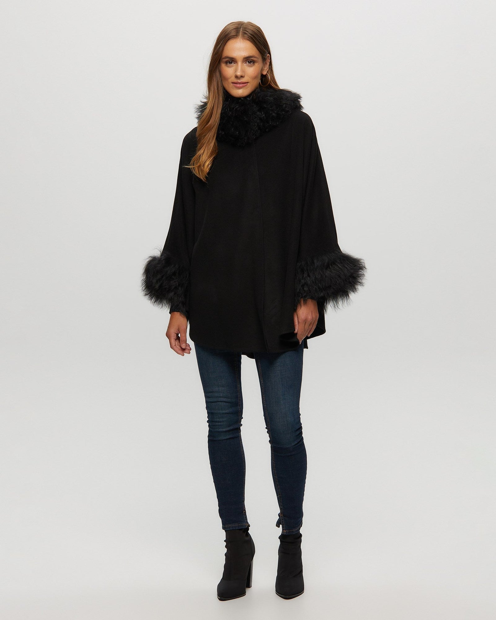 Select Cashmere & Wool Cape With Select Lamb Trim | Women | Black