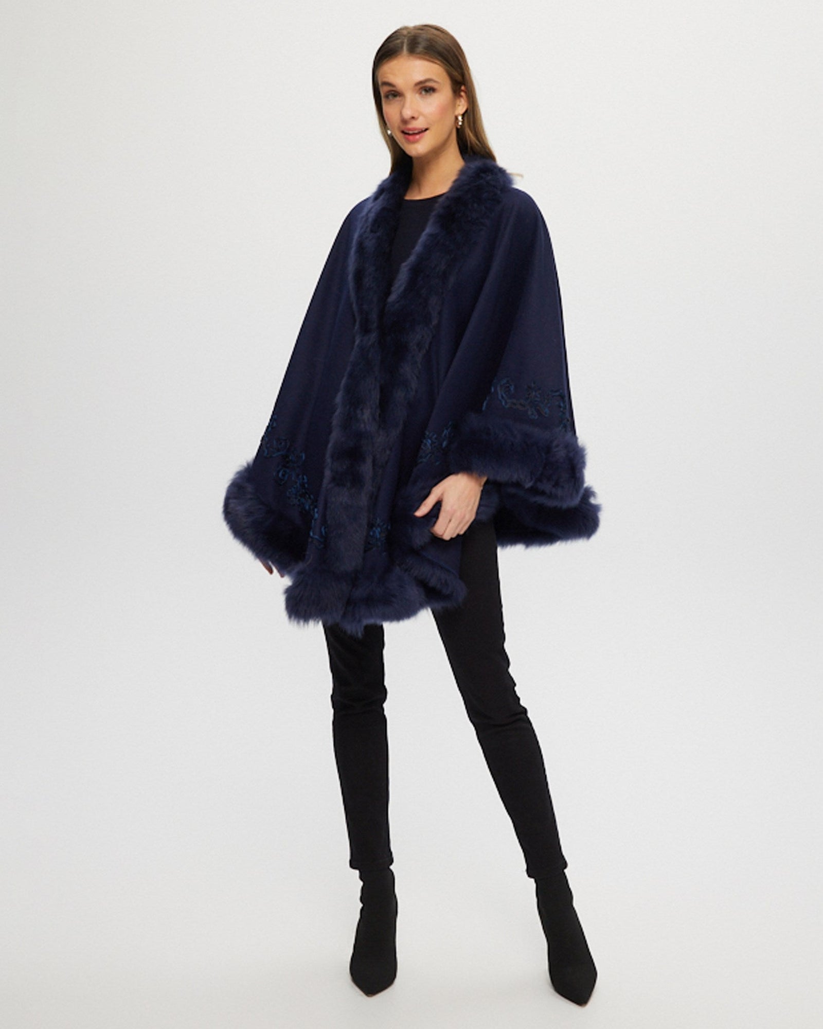 Select Cashmere & Wool Cape With Toscana Shearling Lamb Trim And Ribbon Embroidery | Women | Navy