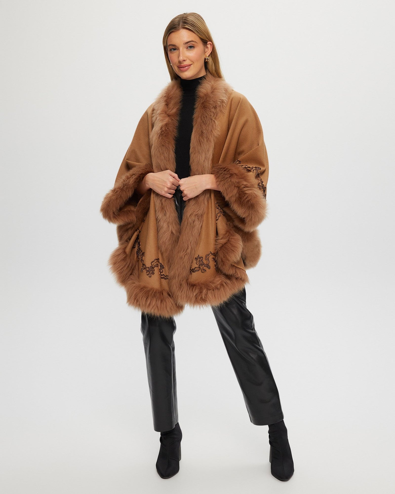 Select Cashmere & Wool Cape With Toscana Shearling Lamb Trim And Ribbon Embroidery | Women | Camel