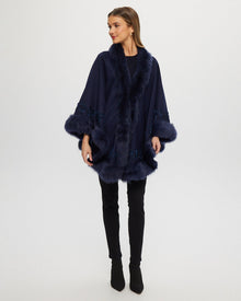 Select Cashmere & Wool Cape With Toscana Shearling Lamb Trim And Ribbon Embroidery | Women | Navy