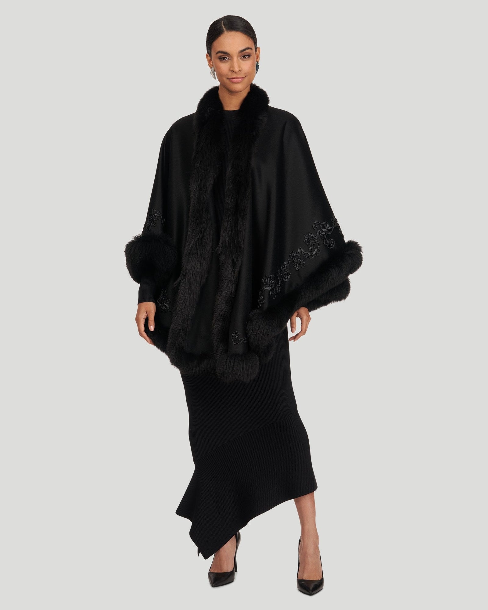 Select Cashmere & Wool Cape With Toscana Shearling Lamb Trim And Ribbon Embroidery | Women | Black