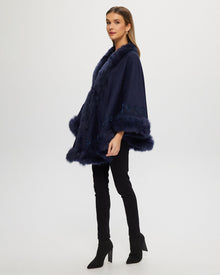 Select Cashmere & Wool Cape With Toscana Shearling Lamb Trim And Ribbon Embroidery | Women | Navy