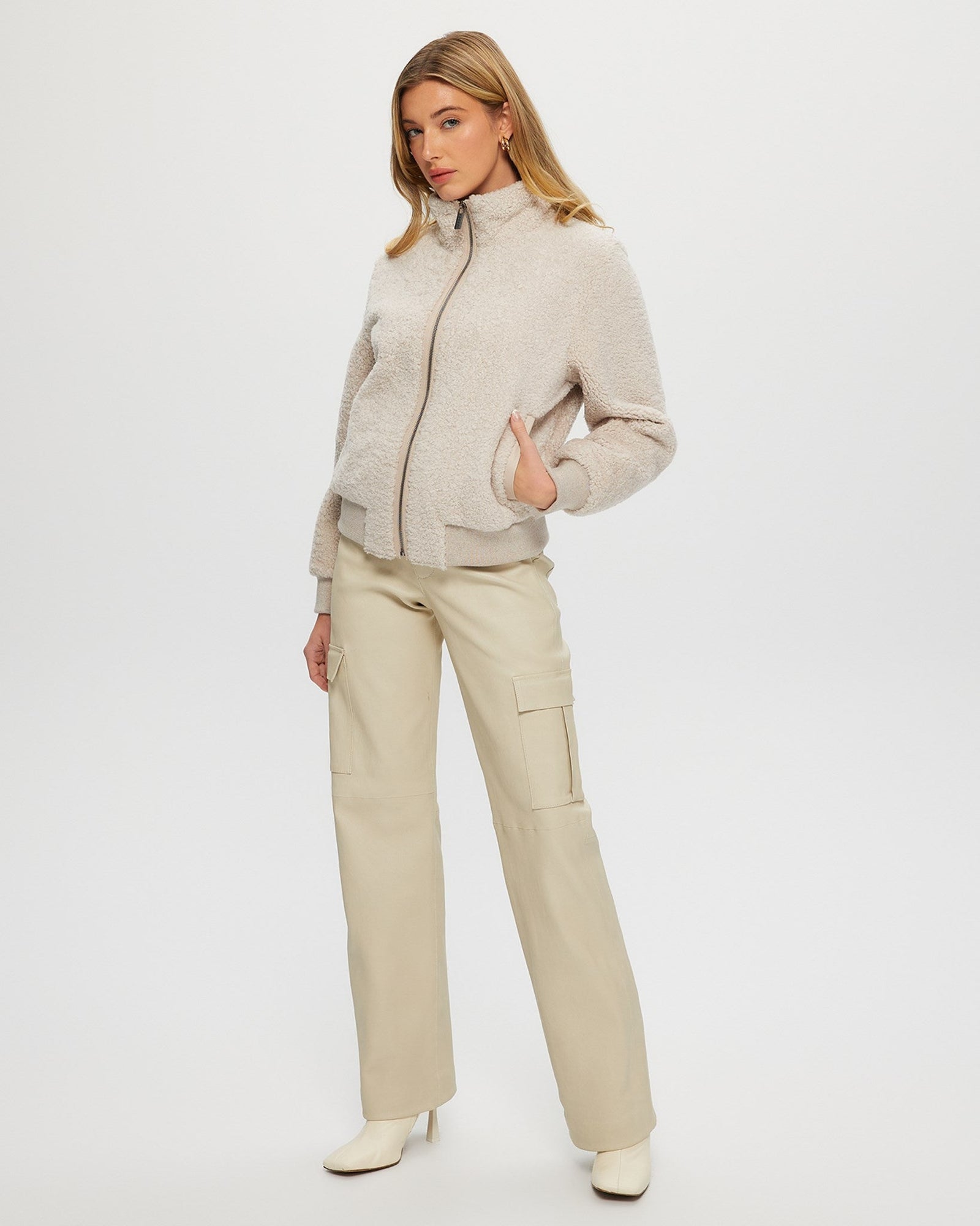 Select Shearling Lamb Bomber Jacket With Leather Trim | Women | Cream