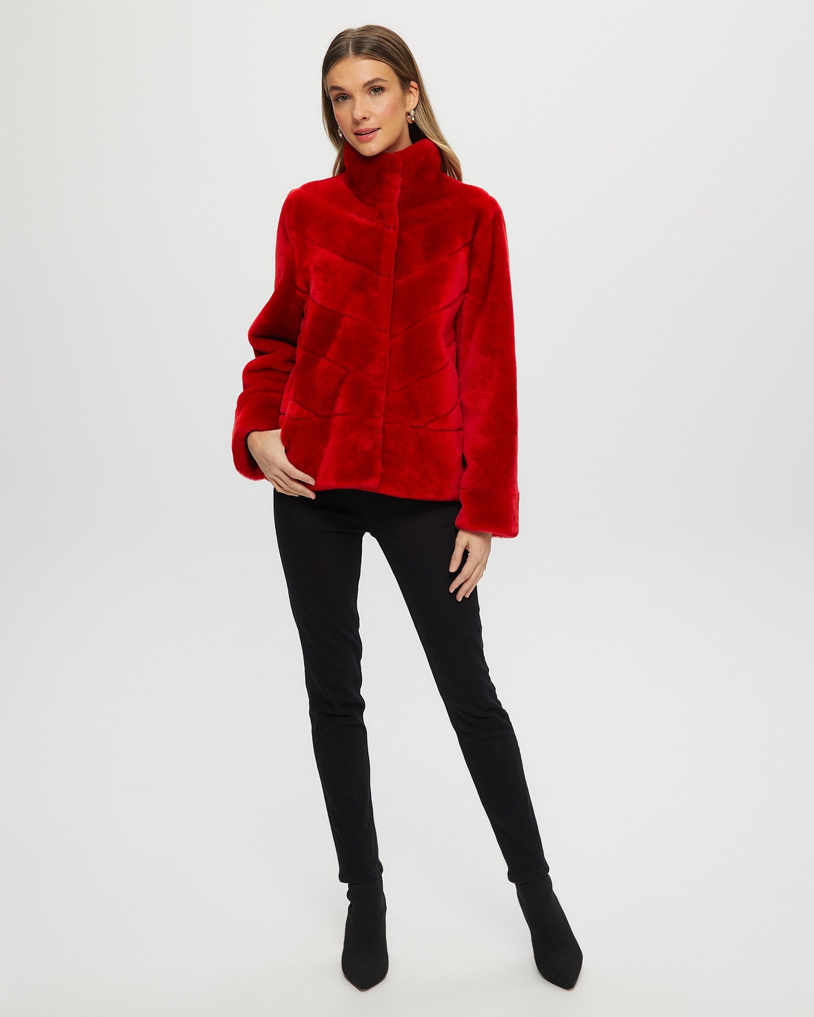 Select Shearling Lamb Chevron Jacket With Horizontal Bottom | Women | Red (V2)