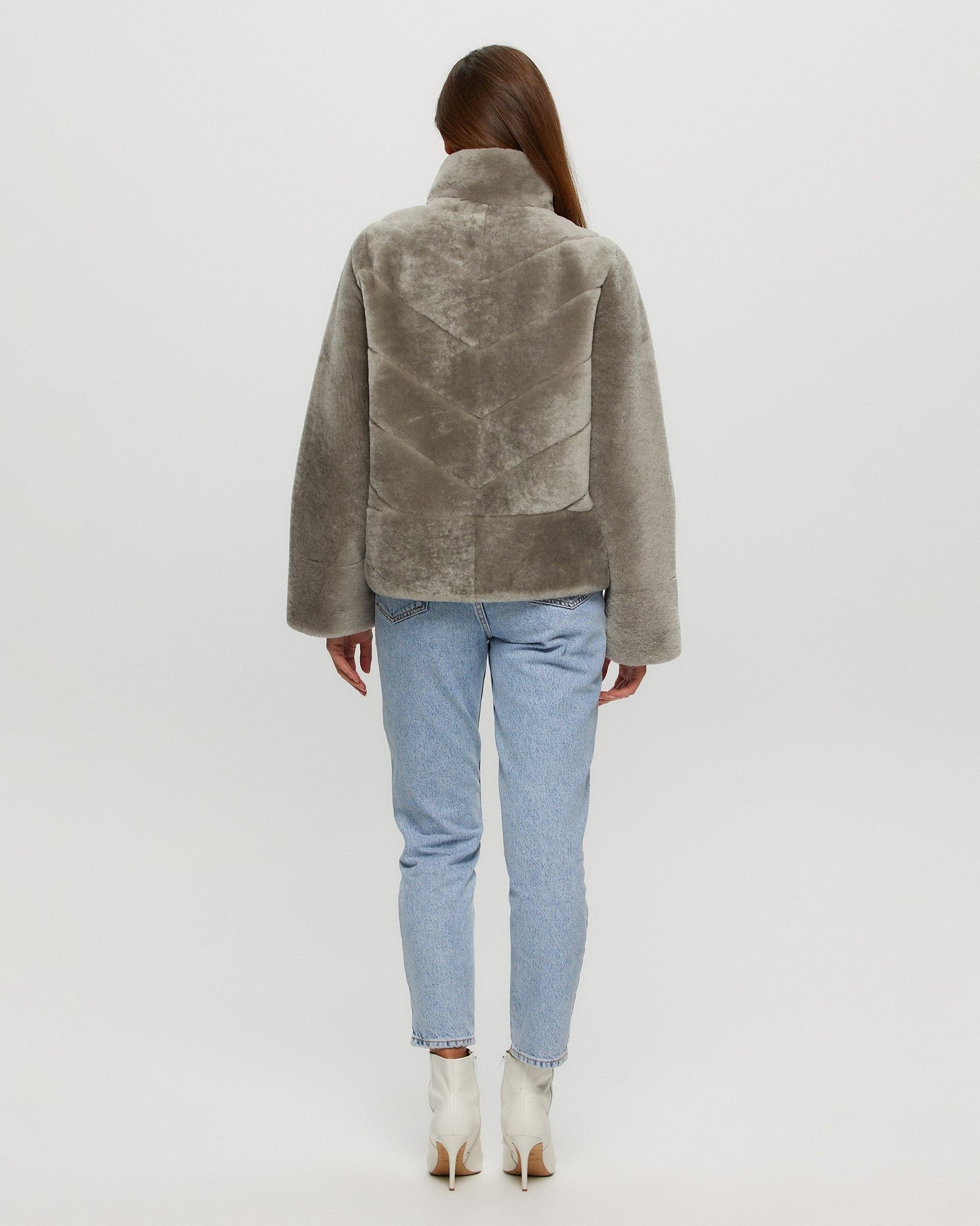 Select Shearling Lamb Chevron Jacket With Horizontal Bottom | Women | Light Gray