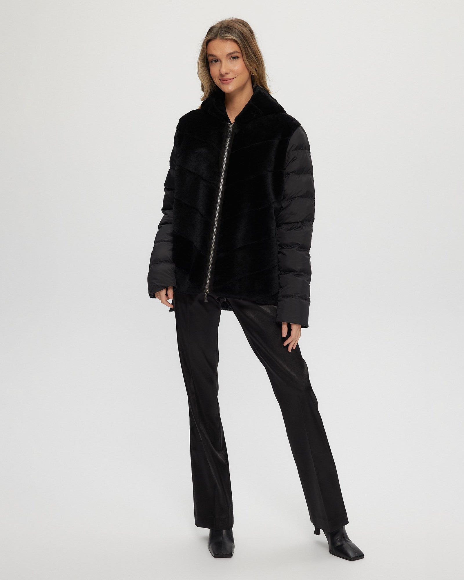 Select Shearling Lamb Chevron Parka With Quilted Sleeves And Back | Women | Black x Black