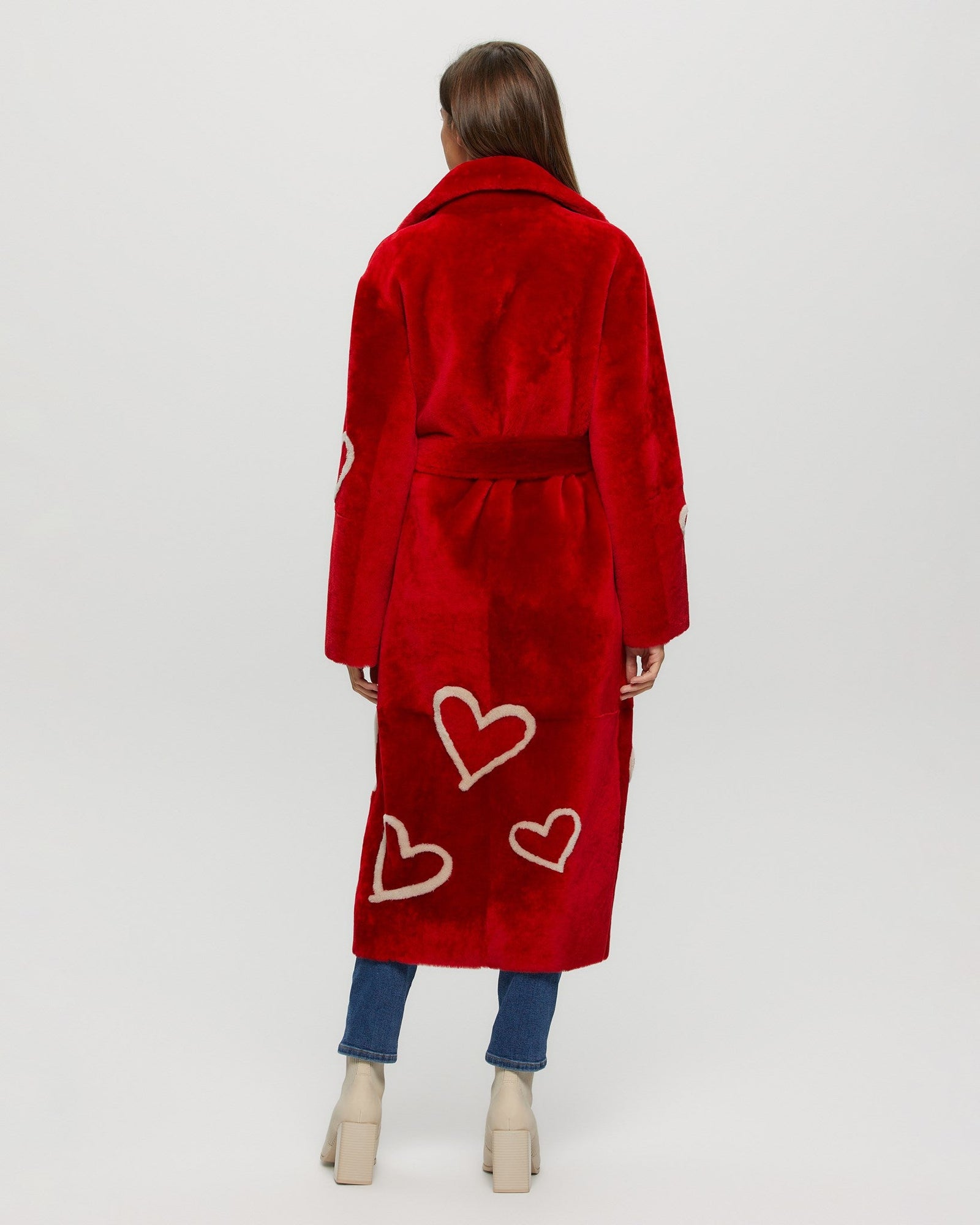 Select Shearling Lamb Coat With Heart Intarsia | Women | Red x Beige