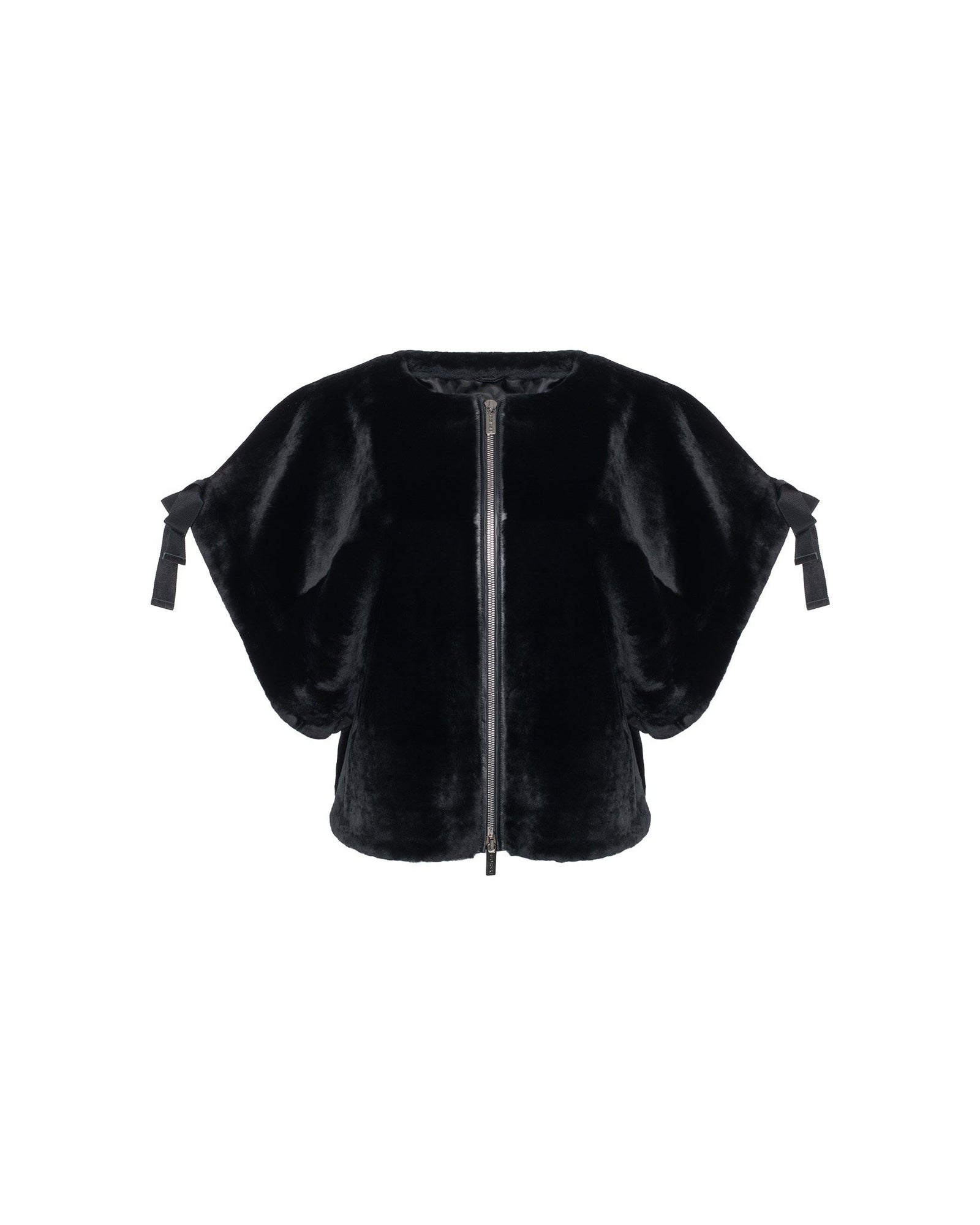 Select Shearling Lamb Collarless Short Sleeve Jacket | Women | Black (V2)