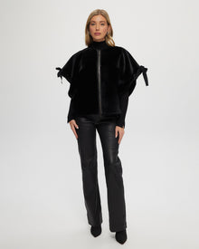 Select Shearling Lamb Collarless Short Sleeve Jacket | Women | Black (V2)