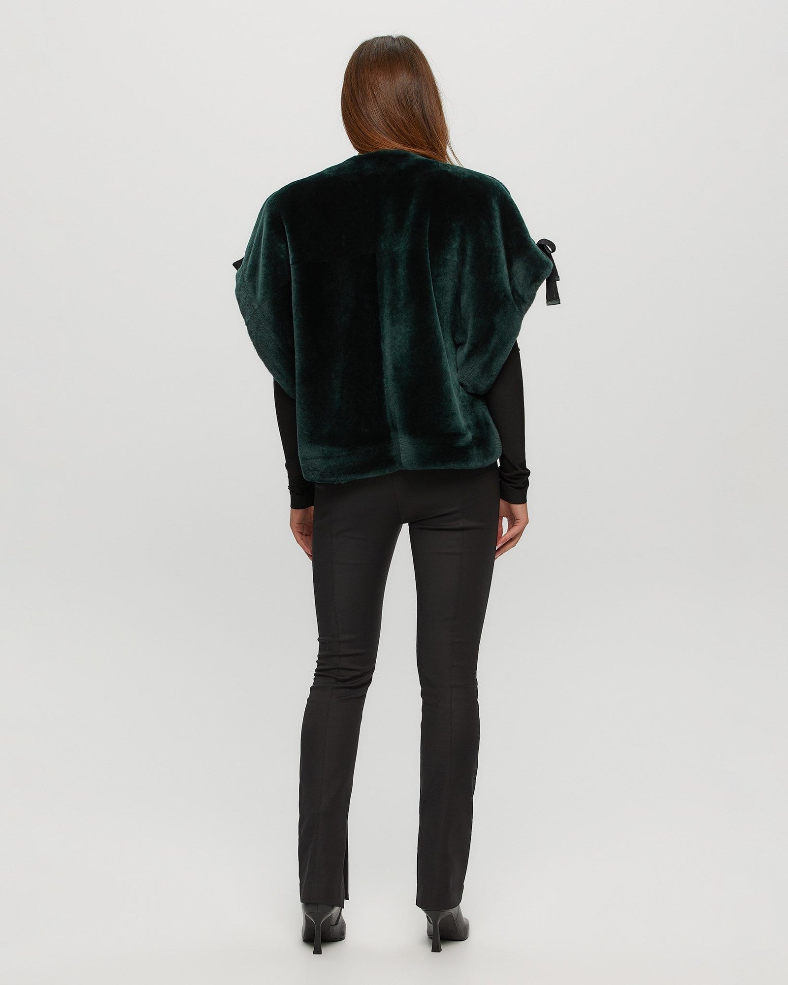 Select Shearling Lamb Collarless Short Sleeve Jacket | Women | Emerald