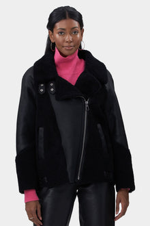 Select Shearling Lamb Zip Moto Jacket | Women | Black x Black