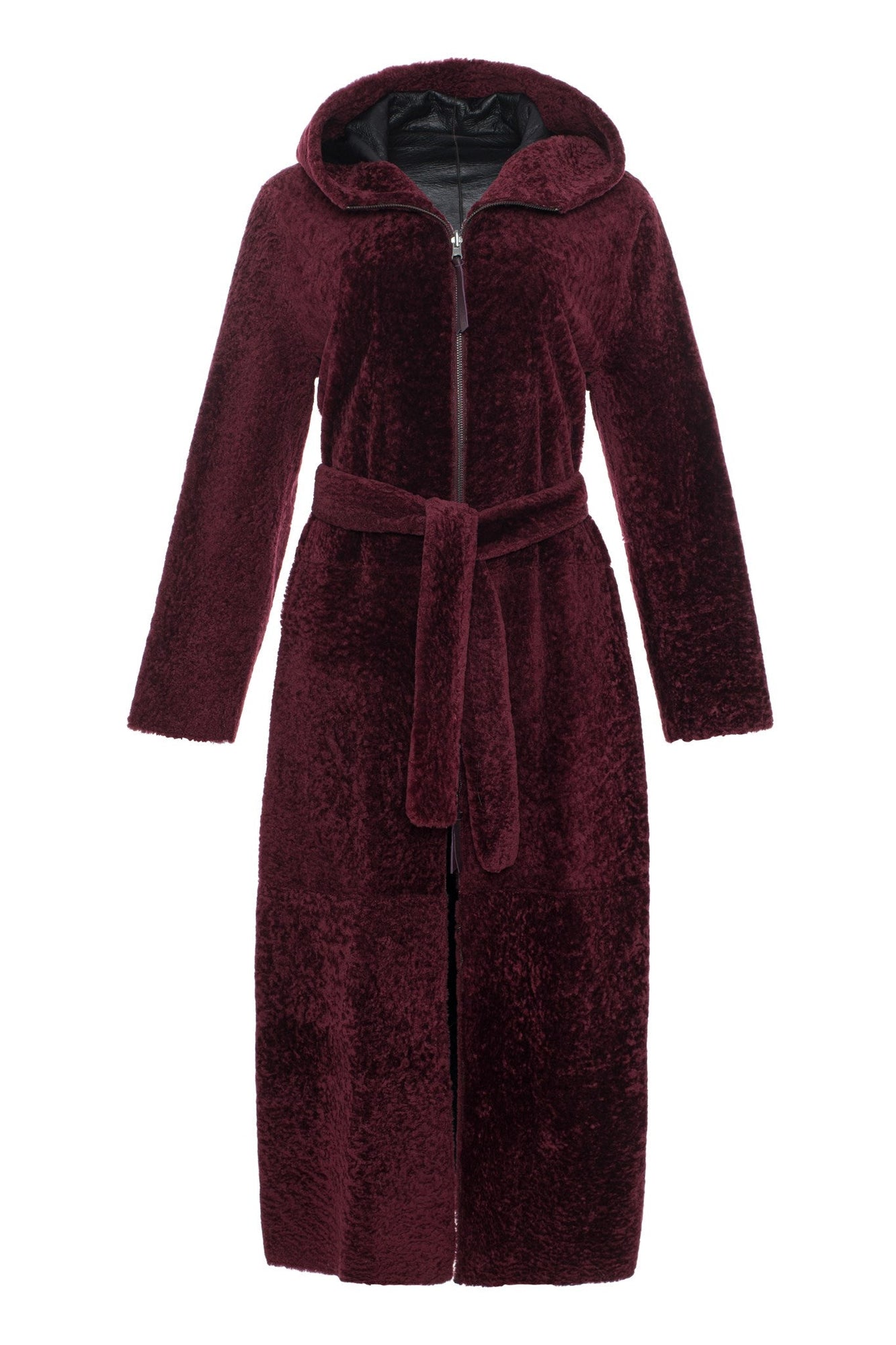 Select Shearling Lamb Zip Parka With Belt | Women | Burgundy x Black