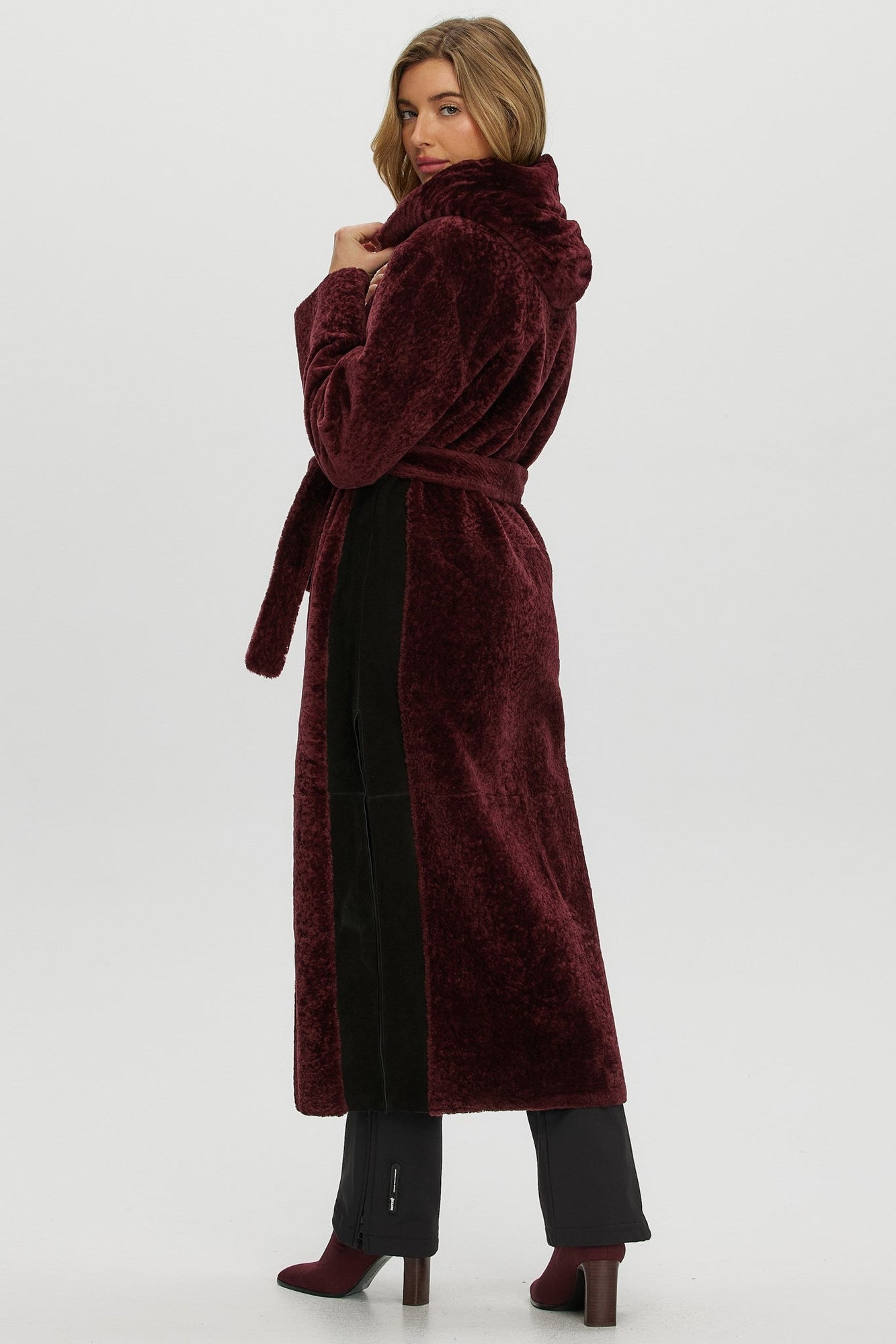 Select Shearling Lamb Zip Parka With Belt | Women | Burgundy x Black