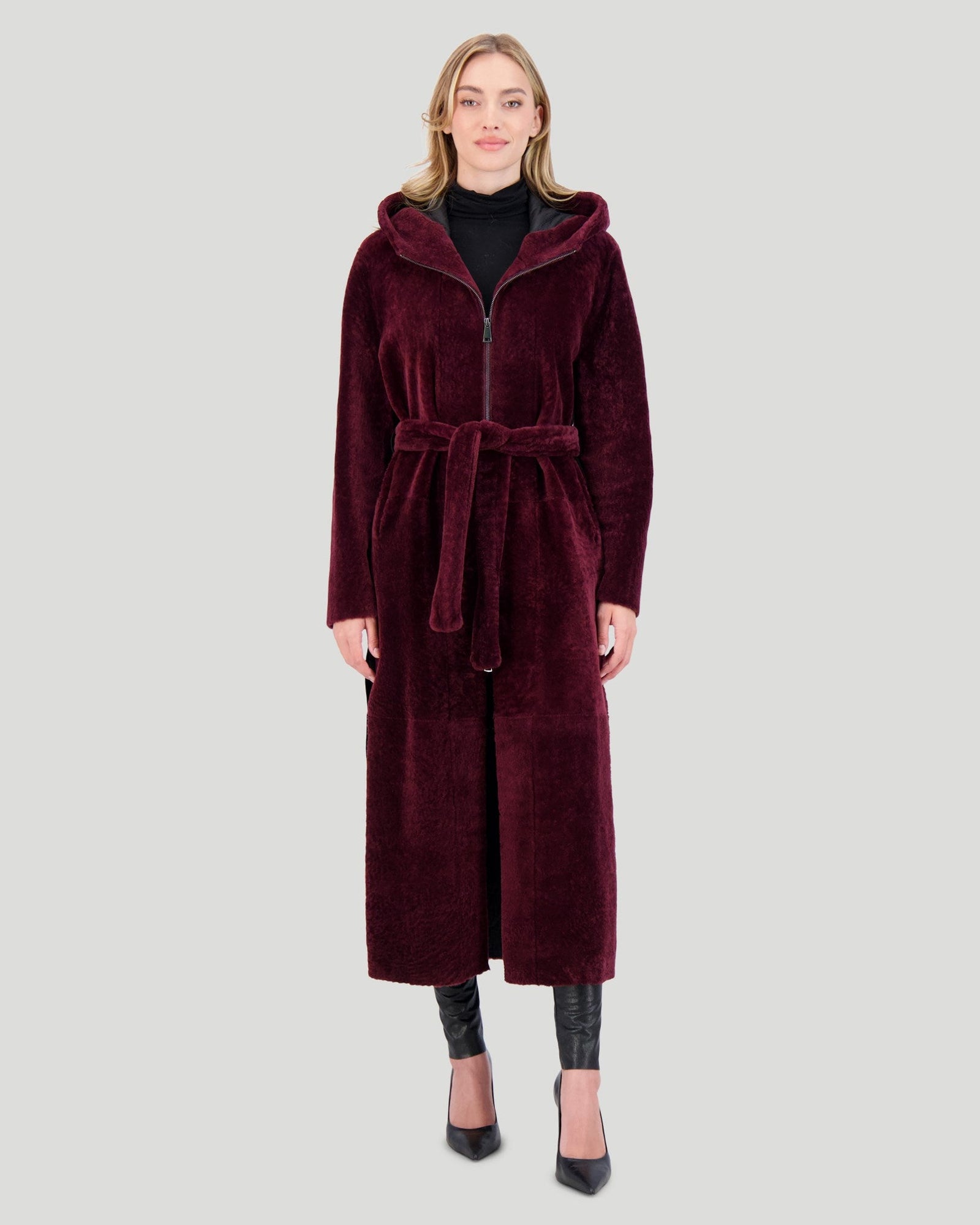 Select Shearling Lamb Zip Parka With Belt | Women | Burgundy x Burgundy