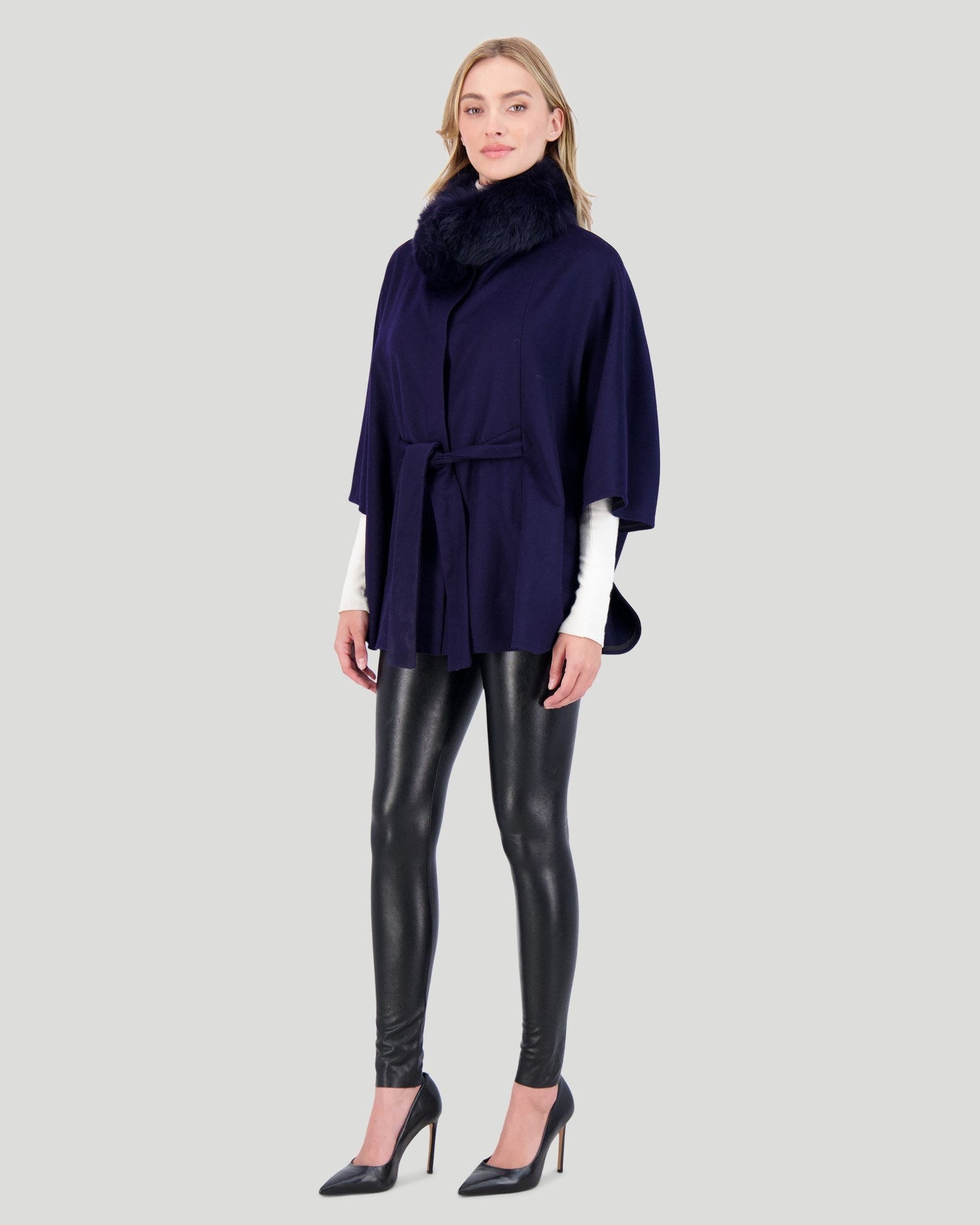 Select Wool Belted Cape With Toscana Shearling Lamb Collar | Women | Navy