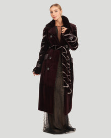 Sheared Mink Coat With Intarsia Sleeves And Belt | Women | Burgundy x Blue Iris