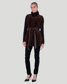 Sheared Mink Vest With Short Nap Mink Collar, Reversible To Taffeta, Leather Belt | Women | Sommelier