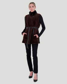 Sheared Mink Vest With Short Nap Mink Collar, Reversible To Taffeta, Leather Belt | Women | Sommelier