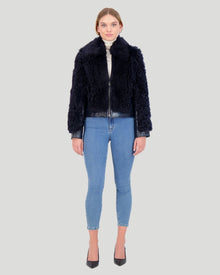 Shearling Lamb Bomber Jacket With Patent Leather Trim | Women | Navy