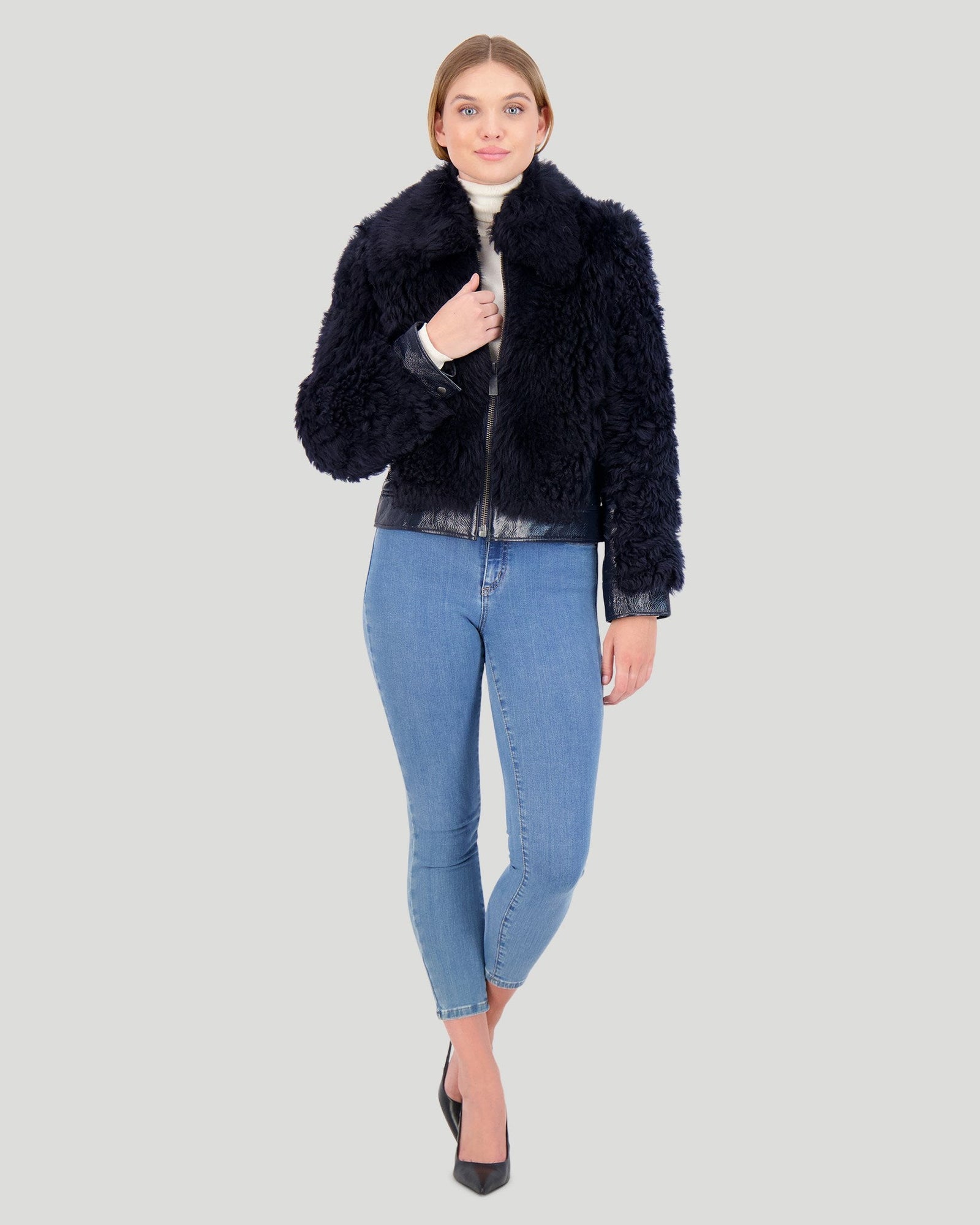 Shearling Lamb Bomber Jacket With Patent Leather Trim | Women | Navy