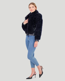 Shearling Lamb Bomber Jacket With Patent Leather Trim | Women | Navy