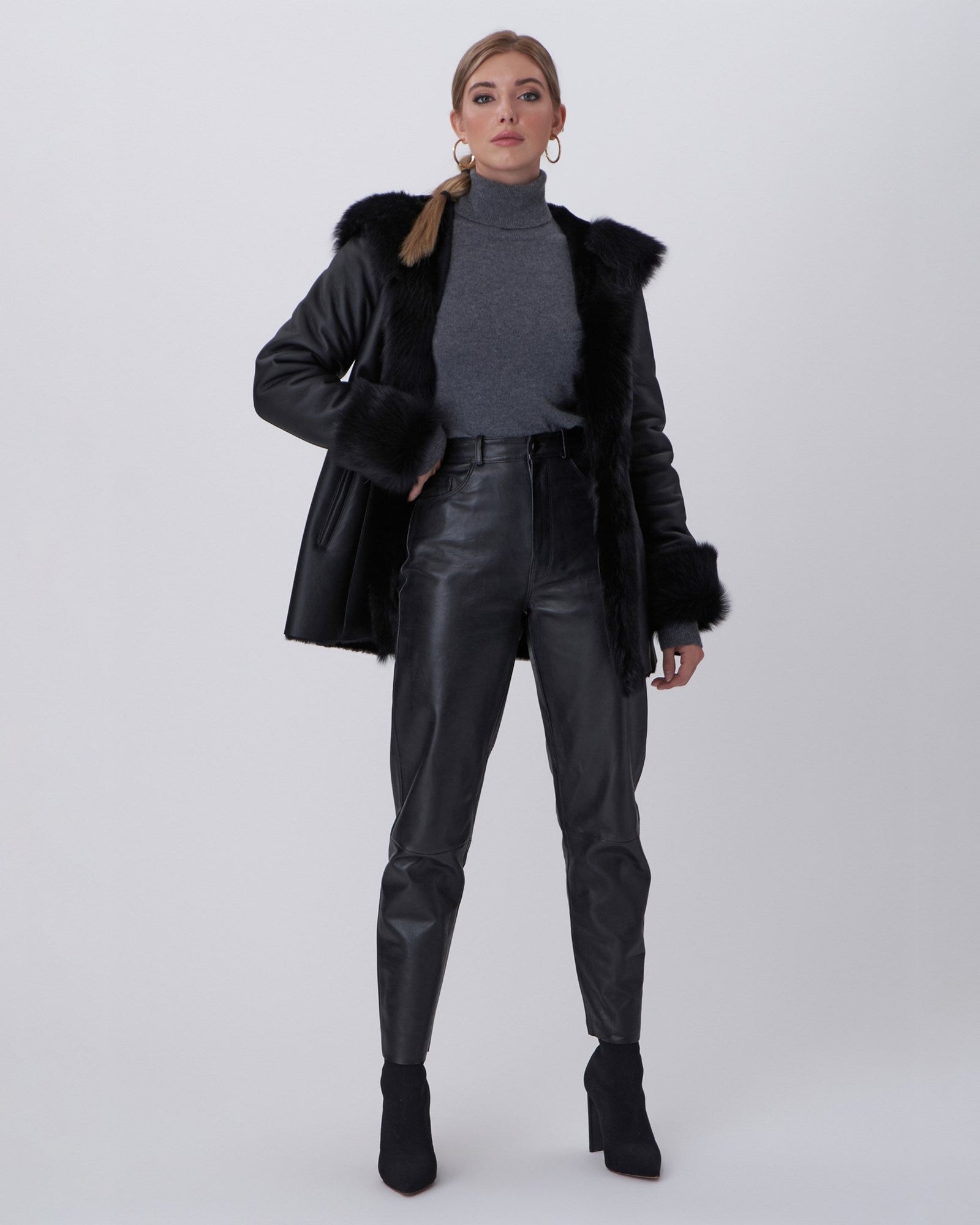 Shearling Lamb Hooded Jacket With Toscana Trim And Cuffs, Belt | Women | Black