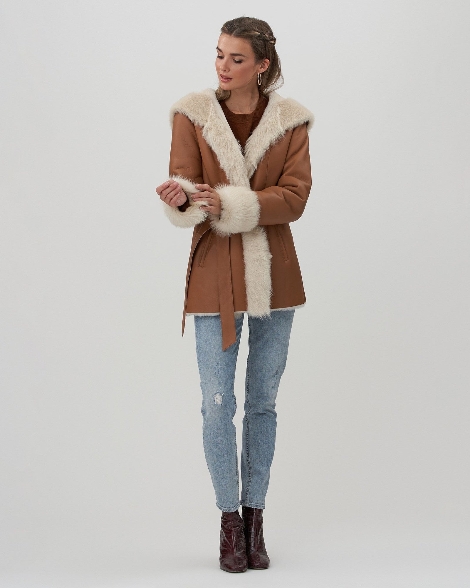 Shearling Lamb Hooded Jacket With Toscana Trim And Cuffs, Belt | Women | Camel x White