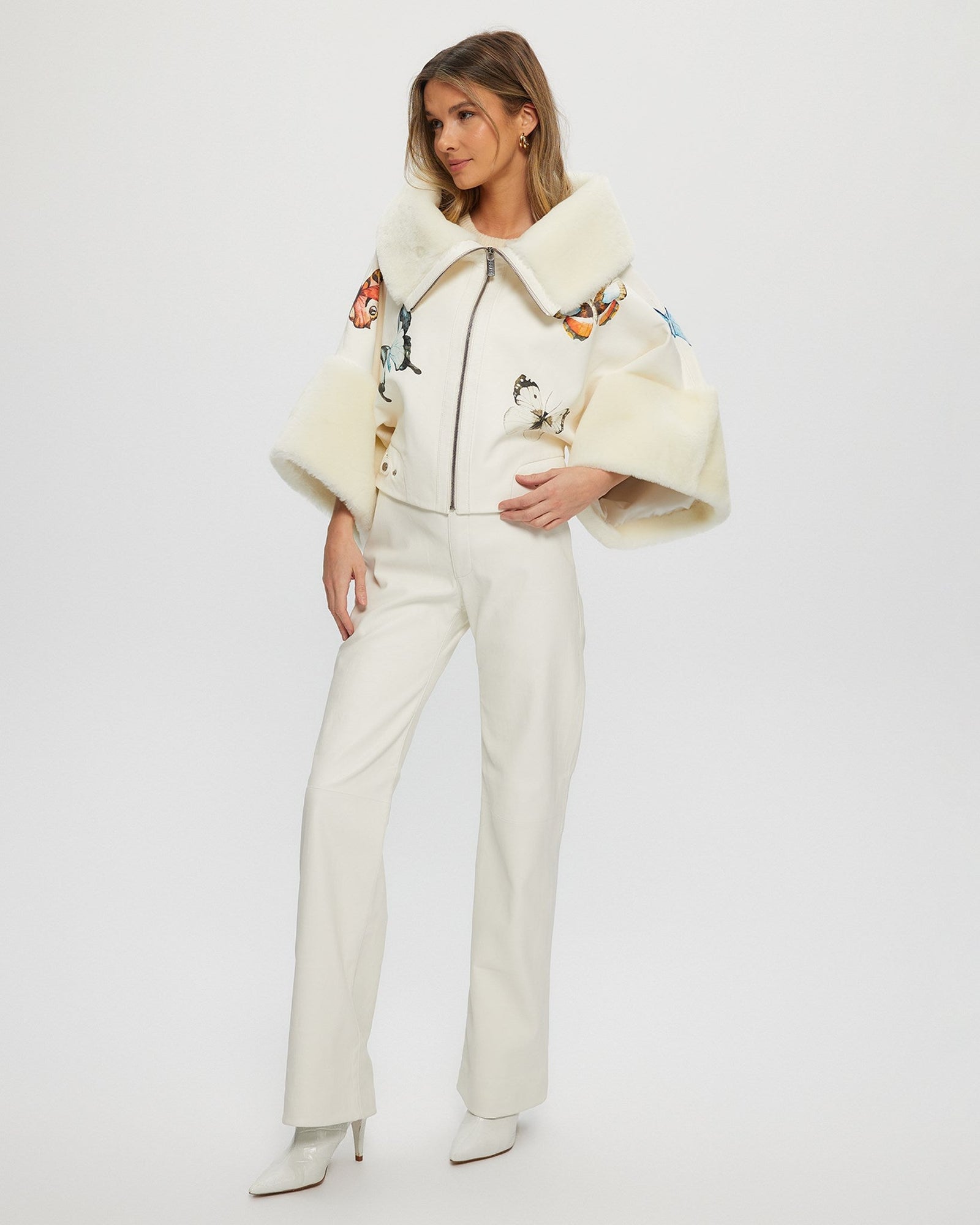 Shearling Lamb Jacket With Butterly Detail | Women | White x Butterfly