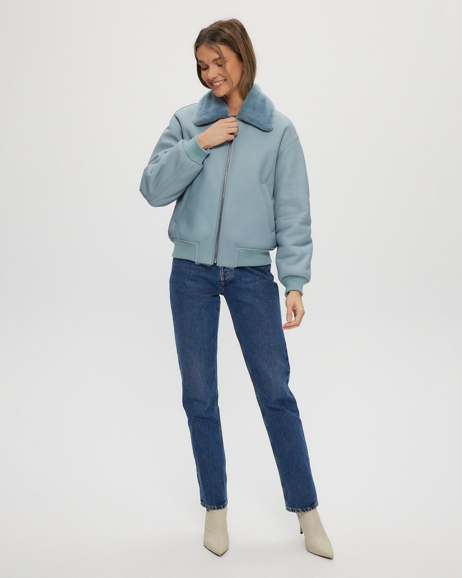 Shearling Lamb Zip Jacket | Women | Pastel Blue