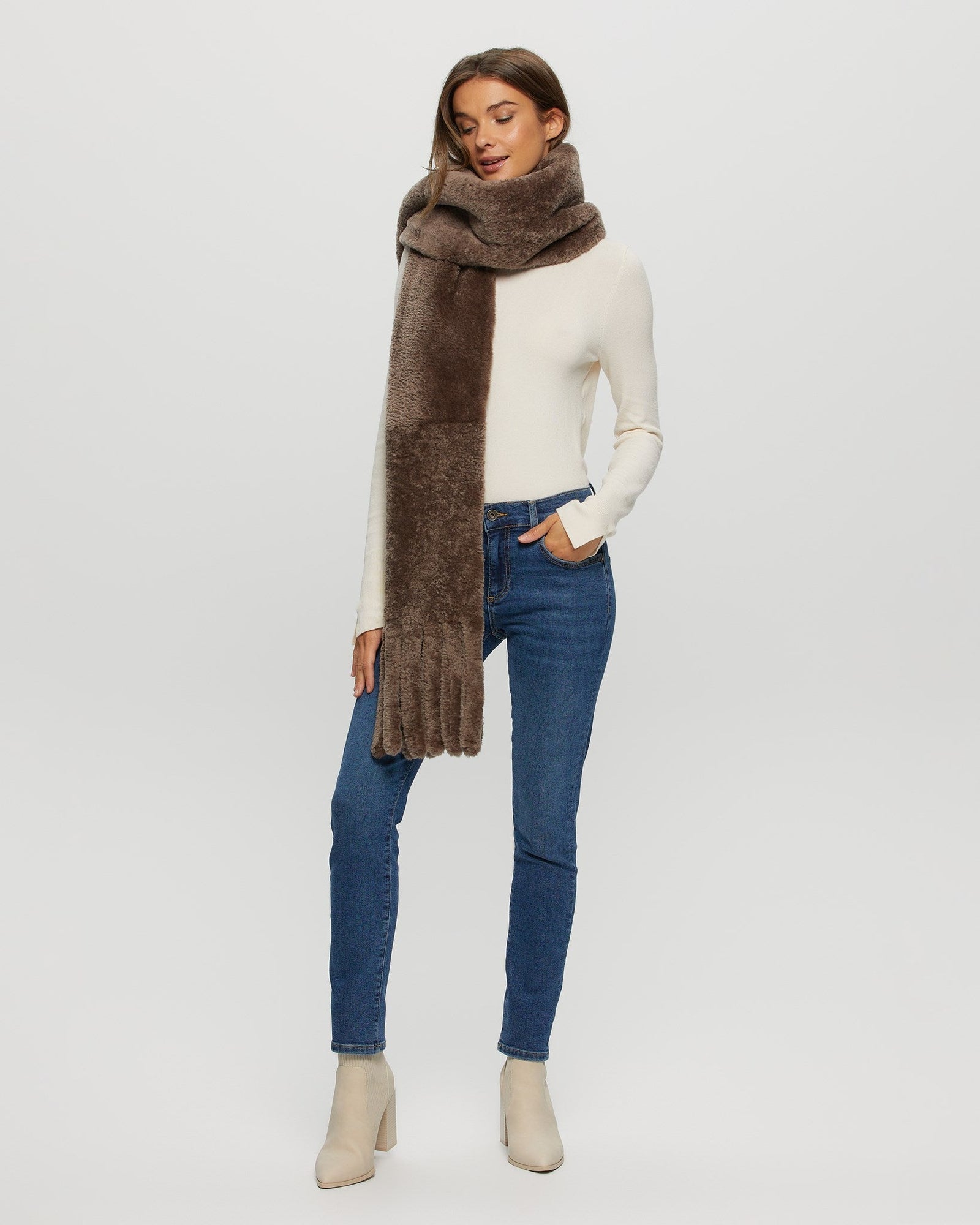 Silky Select Shearling Lamb Stole With Fringes | Women | Taupe