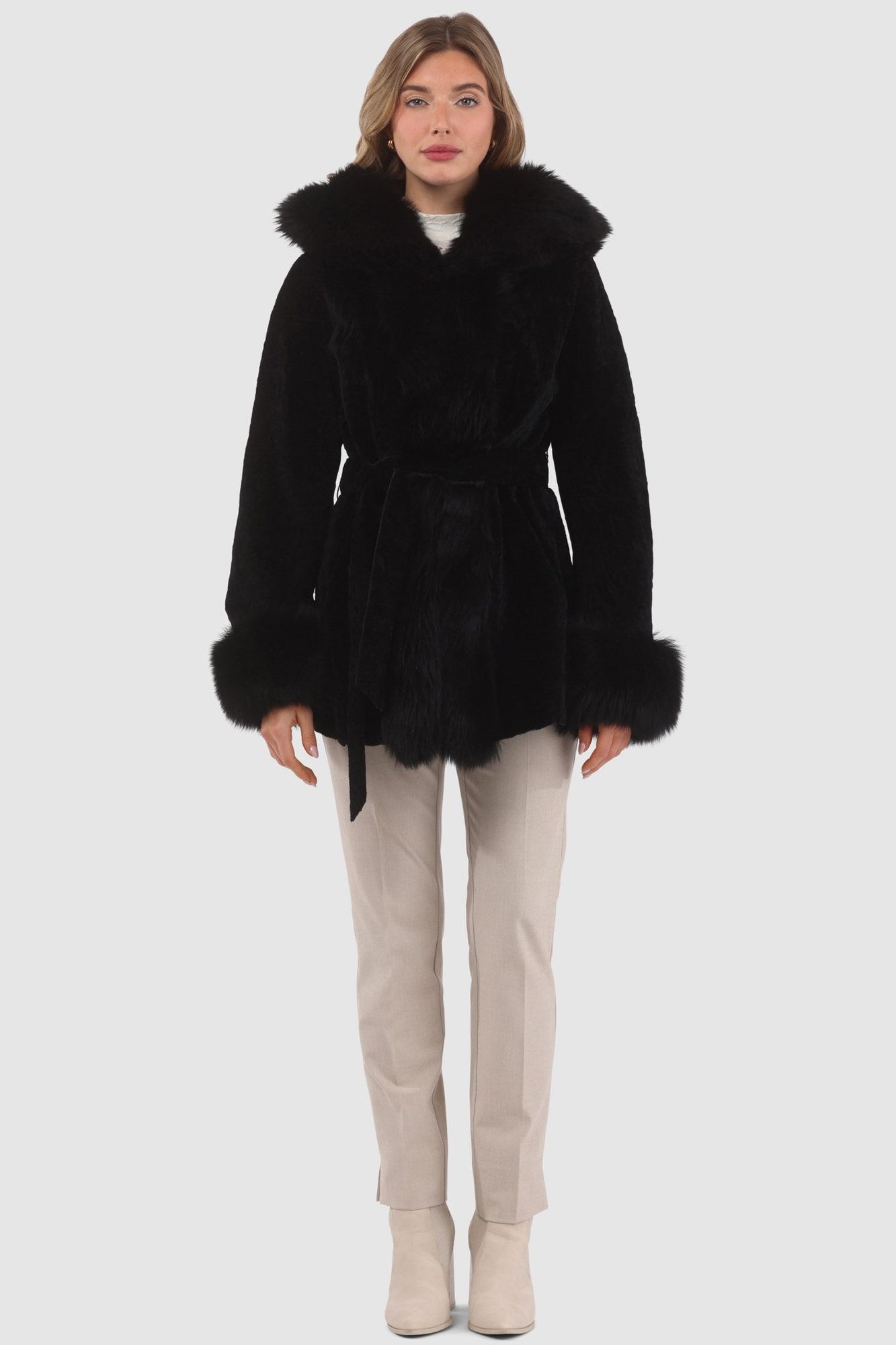 Tetured Shearling Lamb Reversible Parka With Merinillo Shearling Lamb Hood Trim, Tuedo, Cuffs & Belt | Women | Black x Black