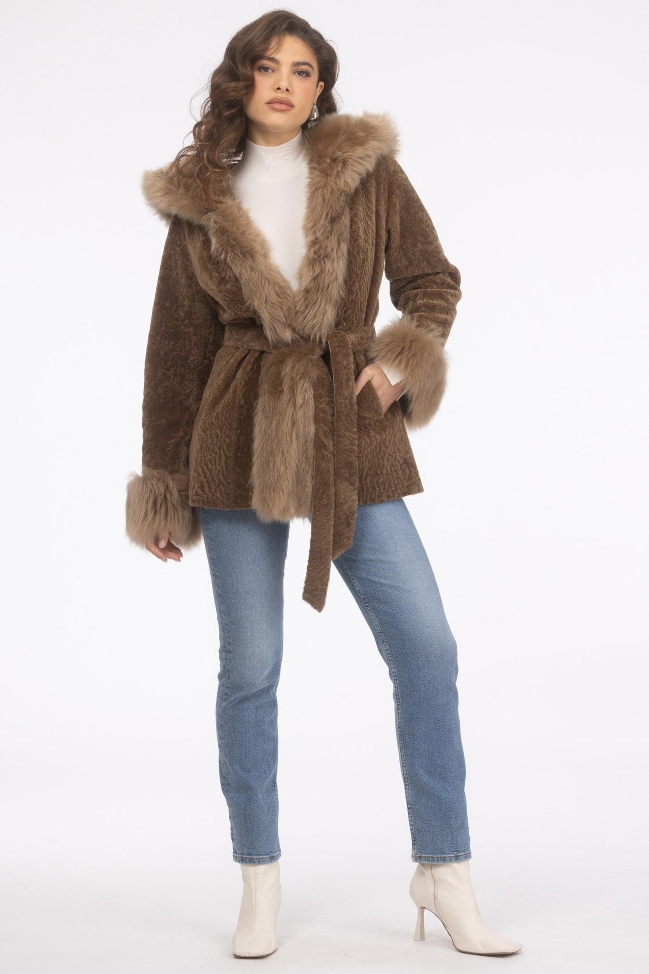 Tetured Shearling Lamb Reversible Parka With Merinillo Shearling Lamb Hood Trim, Tuedo, Cuffs & Belt | Women | Camel x Camel