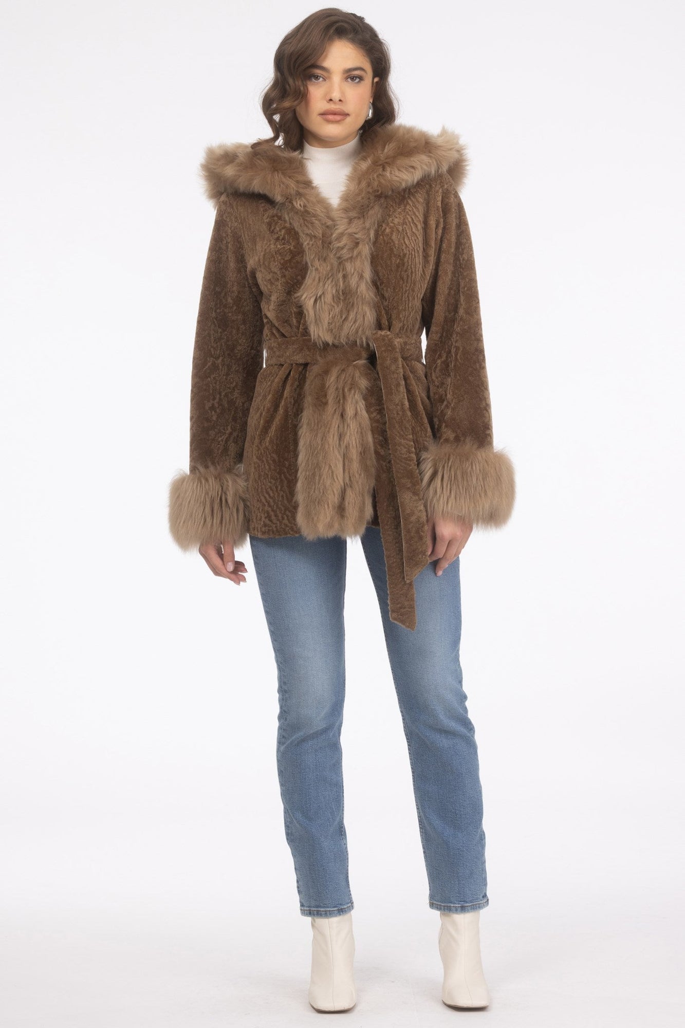 Tetured Shearling Lamb Reversible Parka With Merinillo Shearling Lamb Hood Trim, Tuedo, Cuffs & Belt | Women | Camel x Camel