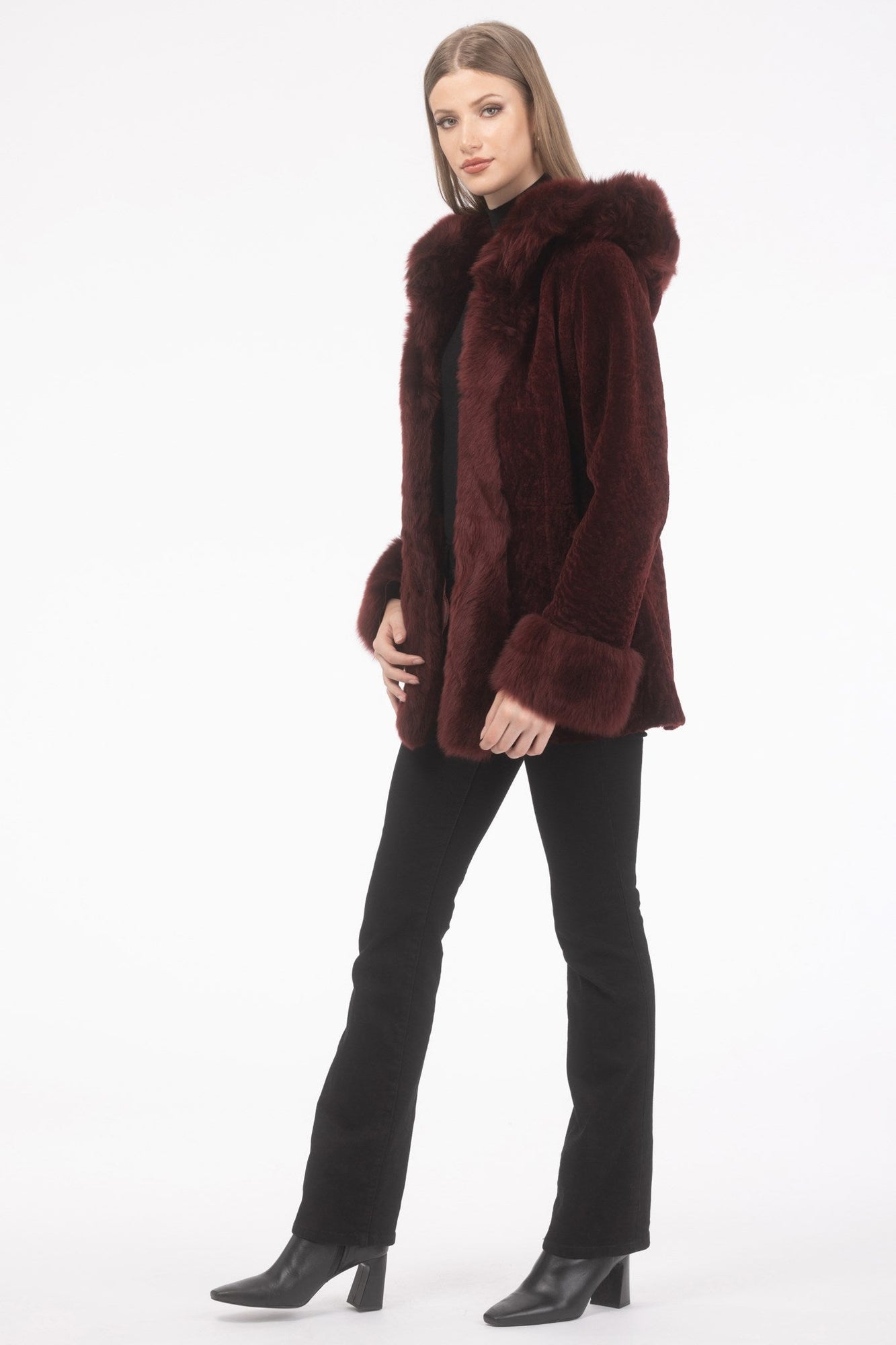 Tetured Shearling Lamb Reversible Parka With Merinillo Shearling Lamb Hood Trim, Tuedo, Cuffs & Belt | Women | Wine x Wine