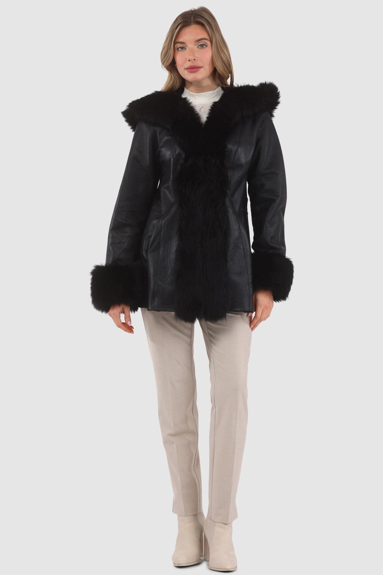 Tetured Shearling Lamb Reversible Parka With Merinillo Shearling Lamb Hood Trim, Tuedo, Cuffs & Belt | Women | Black x Black