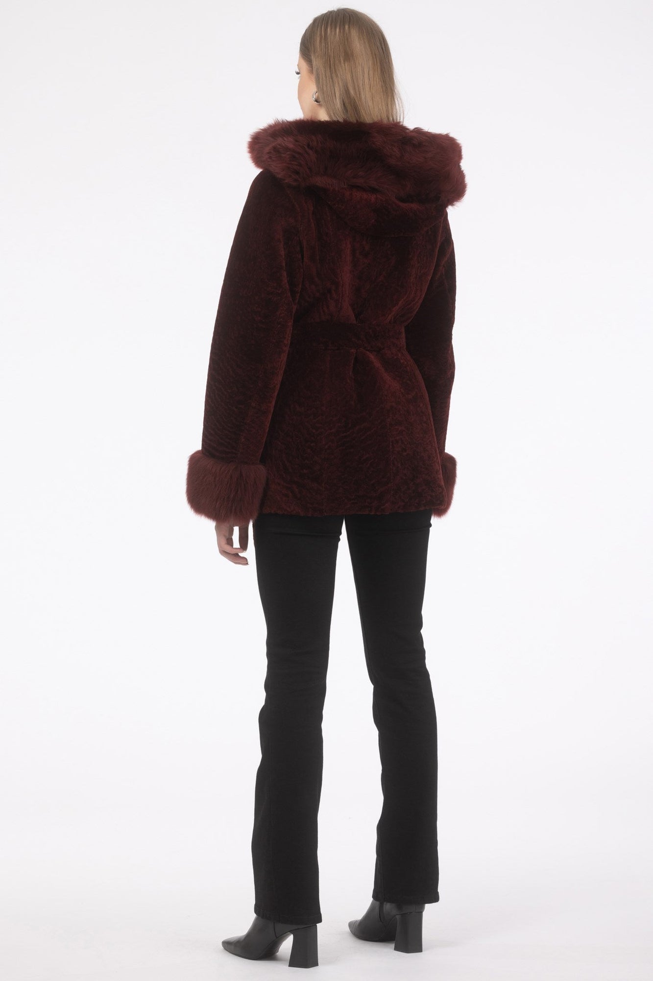 Tetured Shearling Lamb Reversible Parka With Merinillo Shearling Lamb Hood Trim, Tuedo, Cuffs & Belt | Women | Wine x Wine