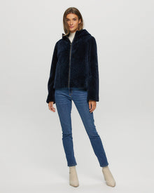 Tetured Shearling Lamb Zip Parka Reversible To Taffeta | Women | Navy x Black