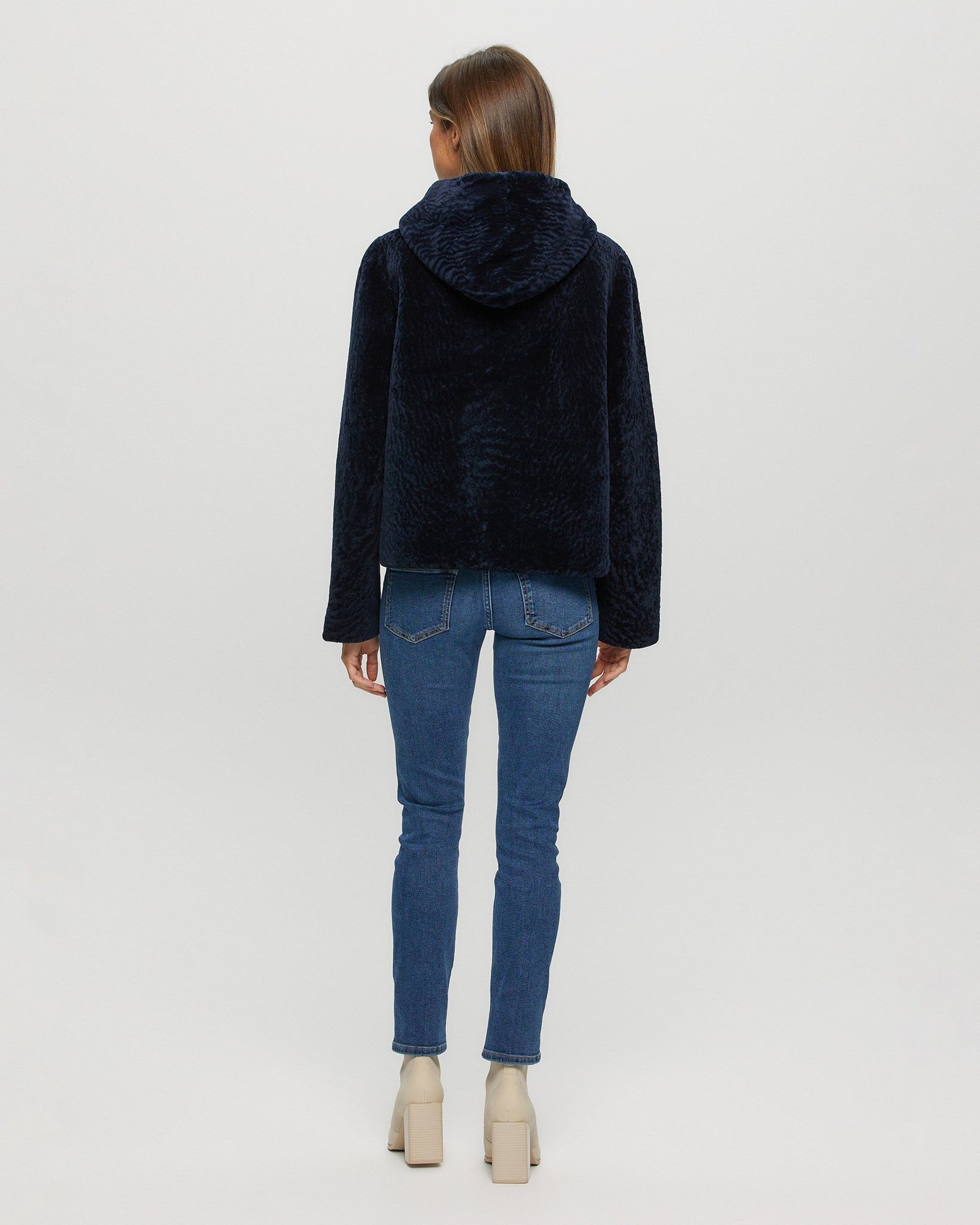 Tetured Shearling Lamb Zip Parka Reversible To Taffeta | Women | Navy x Black