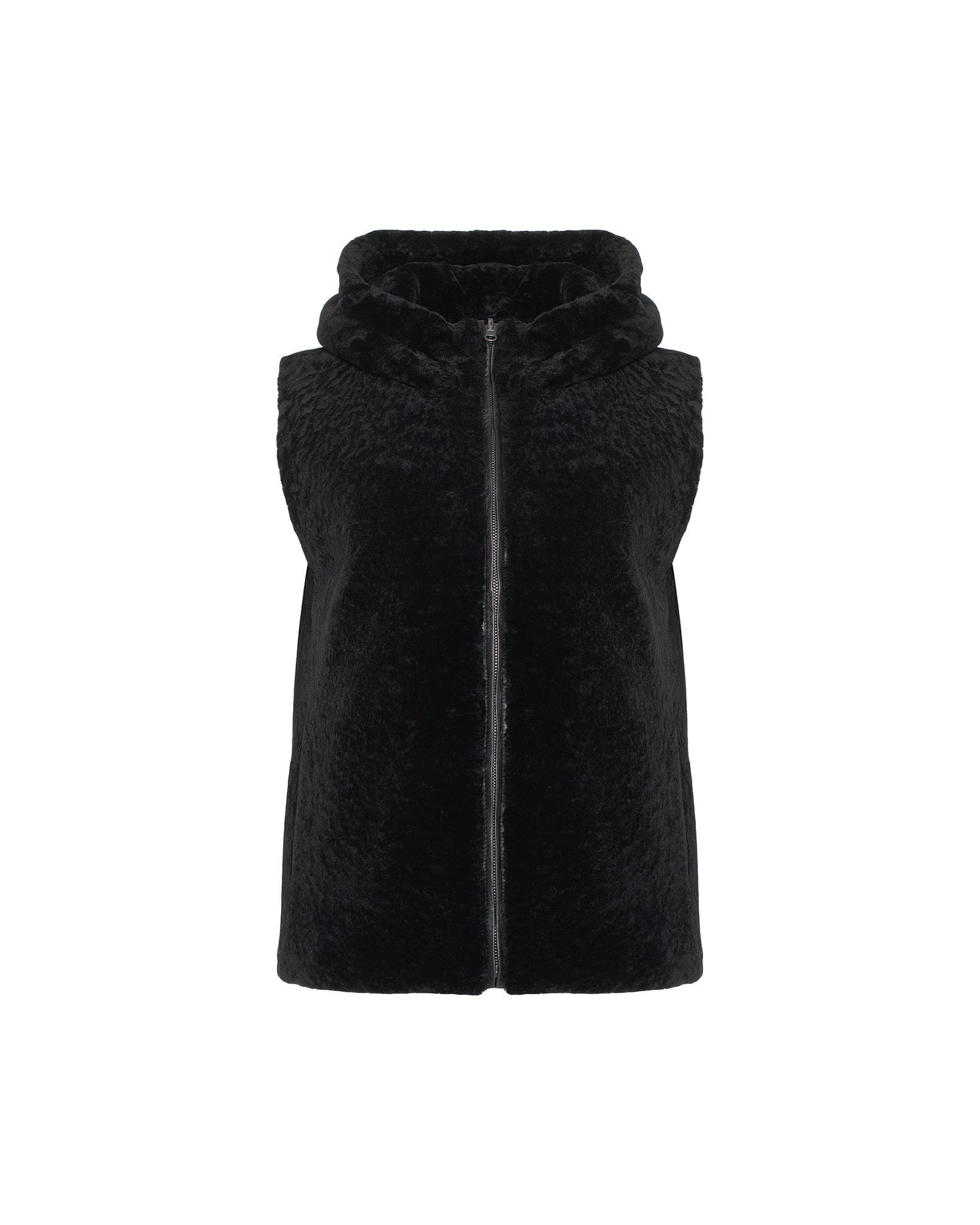 Tetured Shearling Lamb Zip Vest Hooded Reversible To Taffeta | Women | Black x Black