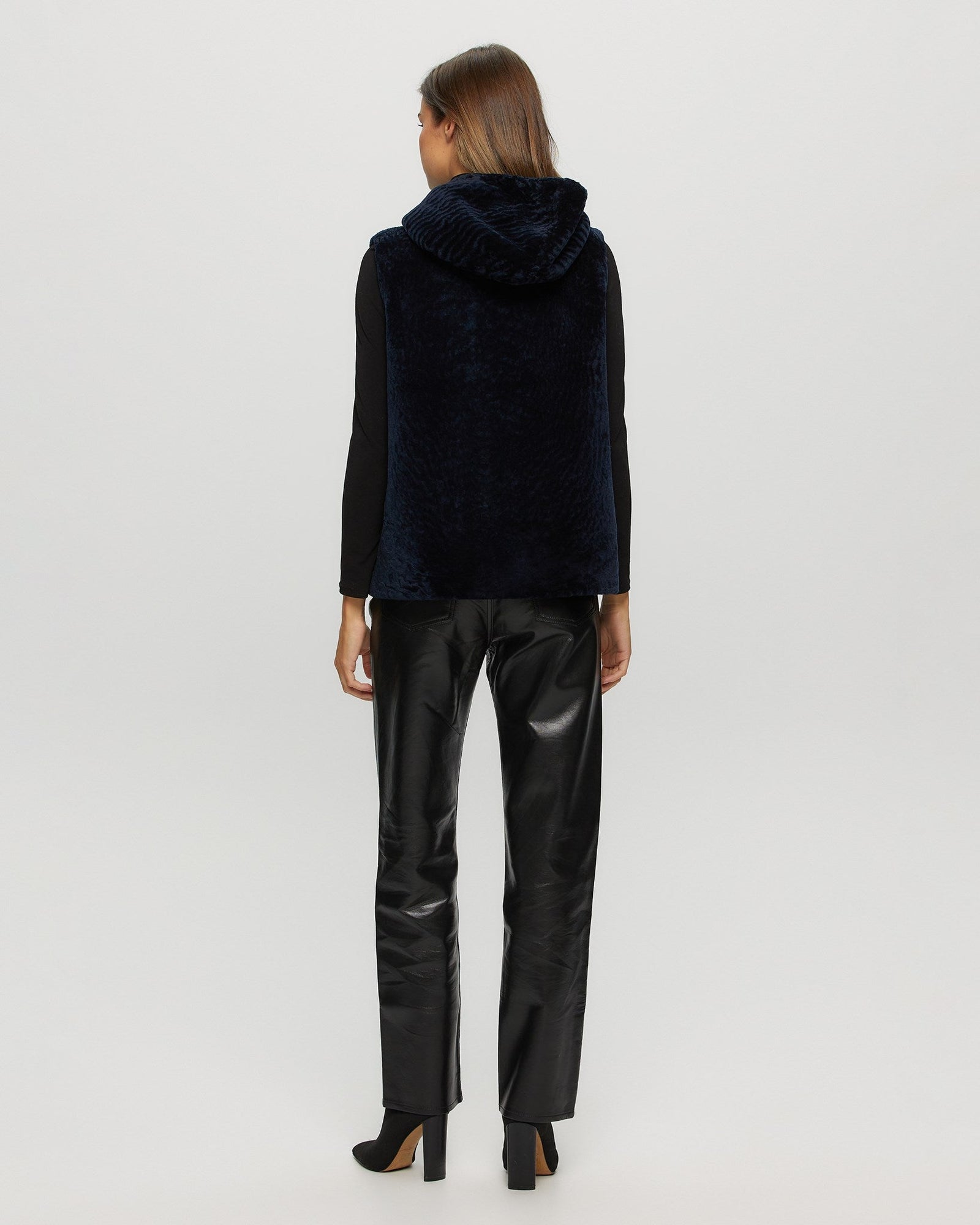 Tetured Shearling Lamb Zip Vest Hooded Reversible To Taffeta | Women | Navy x Black