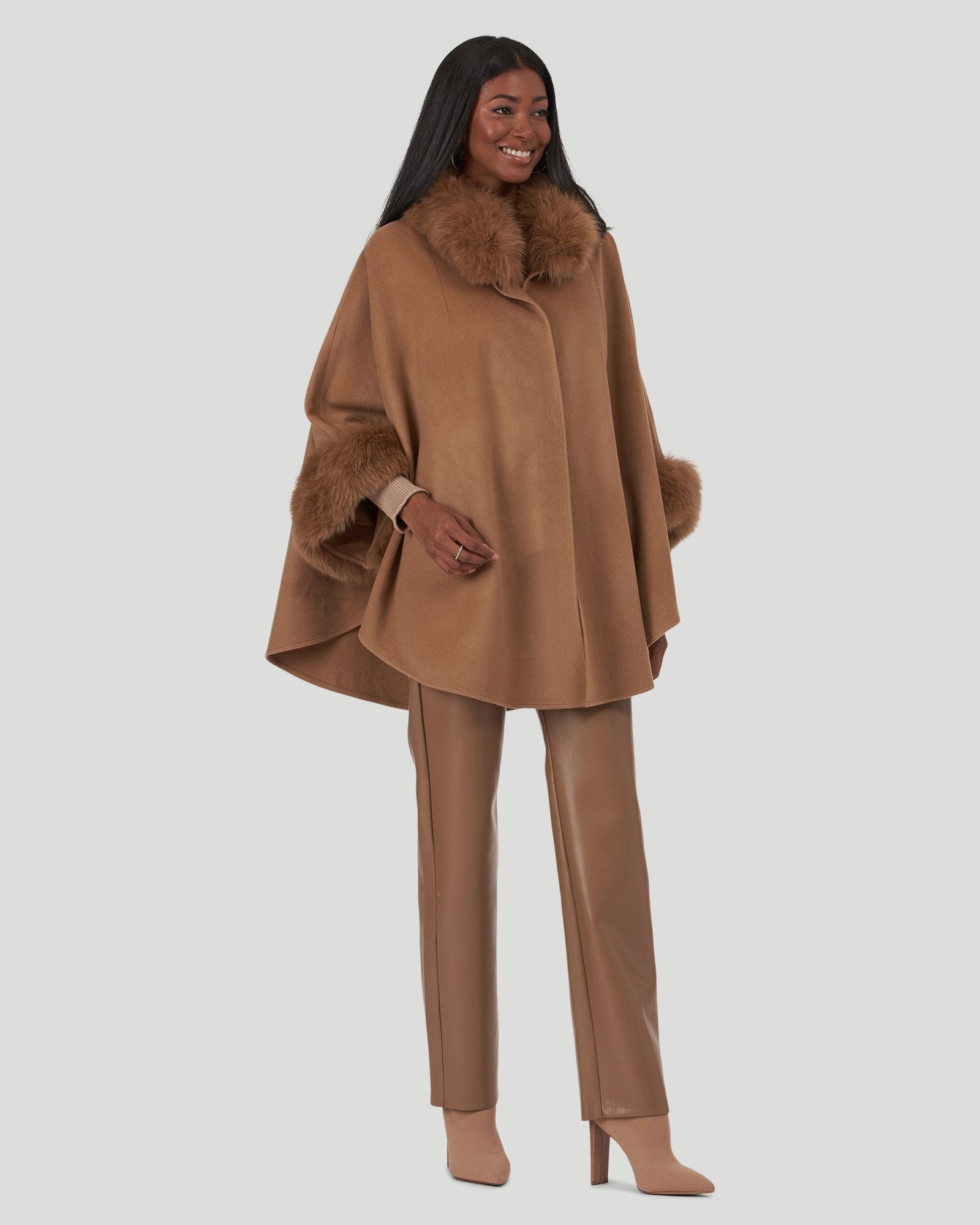 Wool And Cashmere Blend Cape With Fox Collar And Trim | Women | Camel