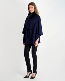 Wool Belted Cape With Fo Collar | Women | Navy x Black