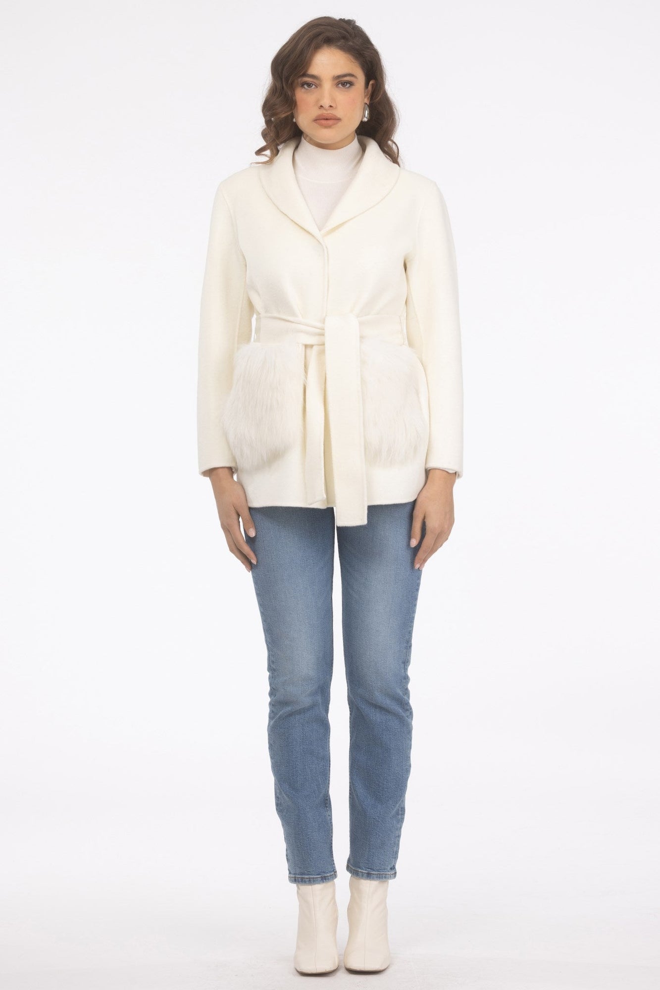 Wool Belted Jacket With Select Lamb Patch Pockets | Women | Ivory